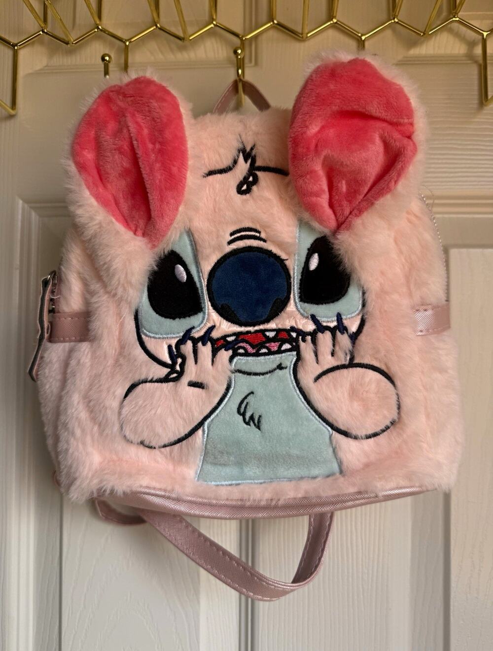 Disney Stitch Pink Faux Fur Small Mini Backpack, Zip Closure, Adjustable Strap